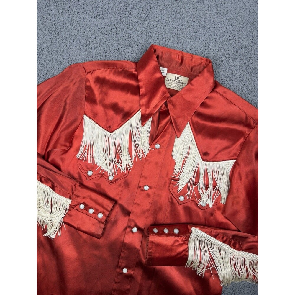 Vintage Dee Cee Pearl Snap Shirt Womens 14.5/33 Orange Satin Western USA 70s